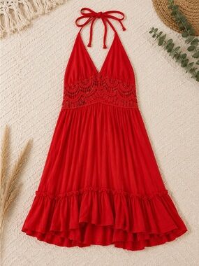 Red Halter Crochet Waist Ruffle Sundress